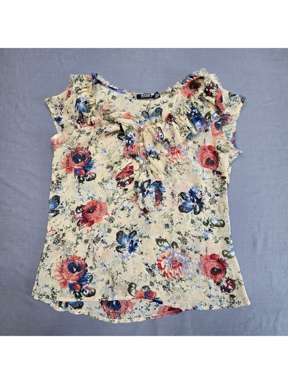 ANA Petite PM Floral Sleeveless Blouse Beige/Blue Ruffled Sheer Lightweight Top